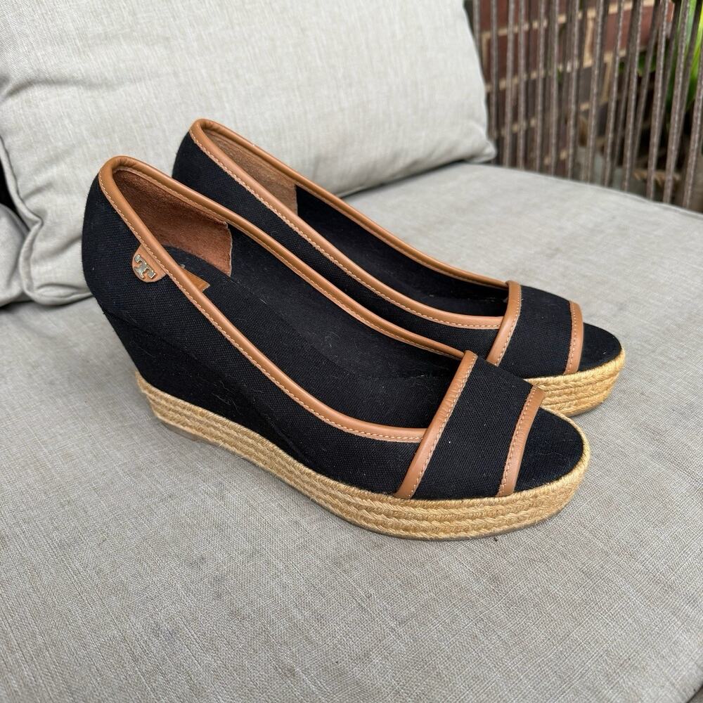 TORY BURCH Majorca Canvas Leather Platform Wedge Sandal Pump 9.5 Black Tan